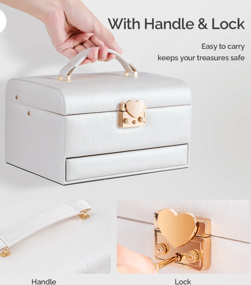 3 Layers Leather Jewelry Storage Box with Lock, Mirror
