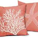 Coastal Coral Throw Pillow Covers 16x16 Inch Set of 2 Starfish Beach Nautical Pillow Covers Summer Farmhouse Pillowscase Linen Square Cushion Covers for Sofa Couch Bedroom Living Room Home Decoration