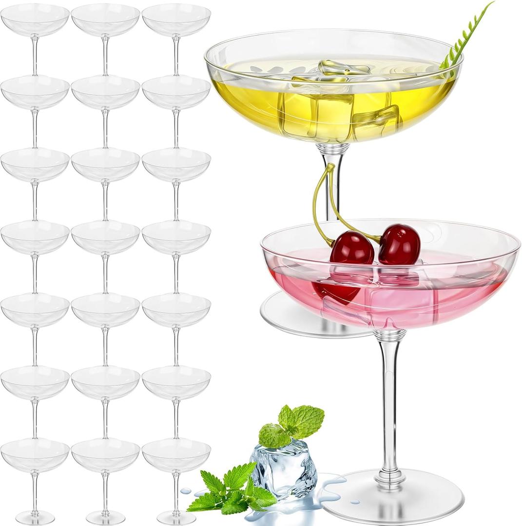 LemonRoad 24 Pcs Detachable Martini Glasses 9oz Plastic Coupe Cocktail Dessert Glassware Set for Champagne Wine Wedding Holiday Party Supplies (Clear)