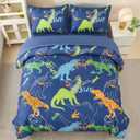 Twin Dinosaur Comforter Set for Boys 5 Pieces Cartoon Dinosaur Bedding Set Dark Blue Dino Bed in A Bag for Kids Teens Soft Fluffy Bed Set All Seasons(Dark Blue Dinosaur, Twin)