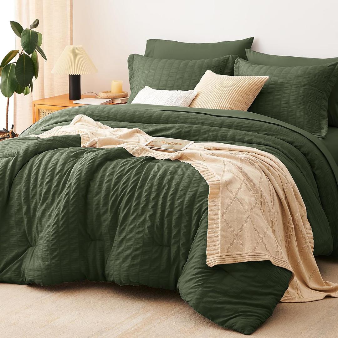 CozyLux Oversized Queen Comforter Set Olive Green Seersucker 7 Pieces 98x98 Bed in a Bag Comforter Set with Sheets, Luxury Soft Bedding Set with Down Alternative Comforter, Sheets, Pillowcases & Shams