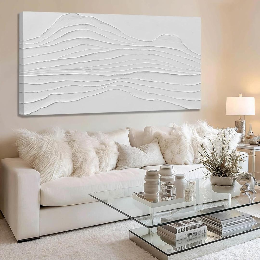 GAIDUOMAI White Canvas Wall Art Abstract Textured Painting Line Pictures Wall Decor Hand Painted Modern Wall Art for Living Room Dining Room Kitechen 24x48 Inch