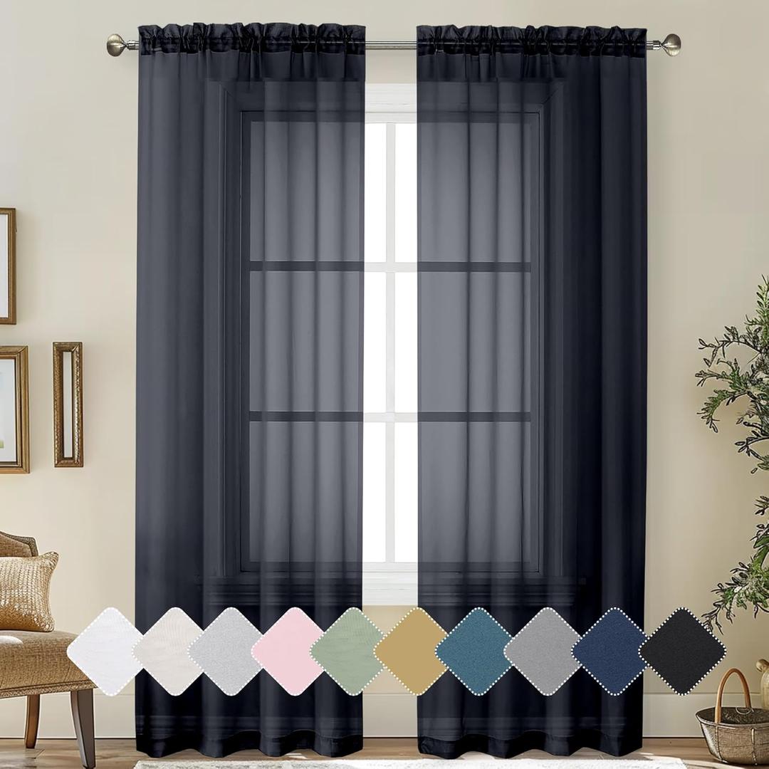 Lecloud Sheer Curtains Black 84 Inches Long 2 Panels Set for Bedroom Living Room, Light Filtering Transparent Voile Window Treatments Sheers, Modern Airy Lightweight Window Panels, Total Wide 84" Inch