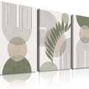Sage Green Boho Wall Art Set of 3, Minimalist Framed Wall Art Geometric Line Leaf Sun Moon Beige Green Canvas Artwork Paintings, Abstract Botanical Boho Room Decor, Office, 12"x16"