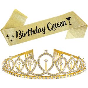 Gold Birthday Queen Sash and Crown Set, Birthday Queen Sash for Women, Birthdays Tiaras and Sashes for Decorations