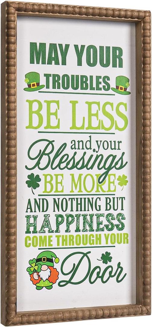 St Patrick's Day Wall Decor, Wooden May Your Troubles Be Less Irish Blessing Sign, Saint Patrick's Wood Decorative Signage Art Framed Kitchen Bedroom Office March Farmhouse Home Decorations (Green)