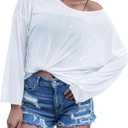 FEMLE Womens Oversized Mesh Sheer Sparkly Top Glitter See Through Tops Tee Shirt Long Sleeve Concert Rave Party Outfits, White(No Cami) S