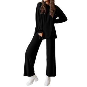 PRETTYGARDEN Womens 2025 Casual Lounge Sets Long Sleeve Tops Wide Leg Long Pants Fall Crewneck. Piece Outfits Tracksuits(Black,Small)