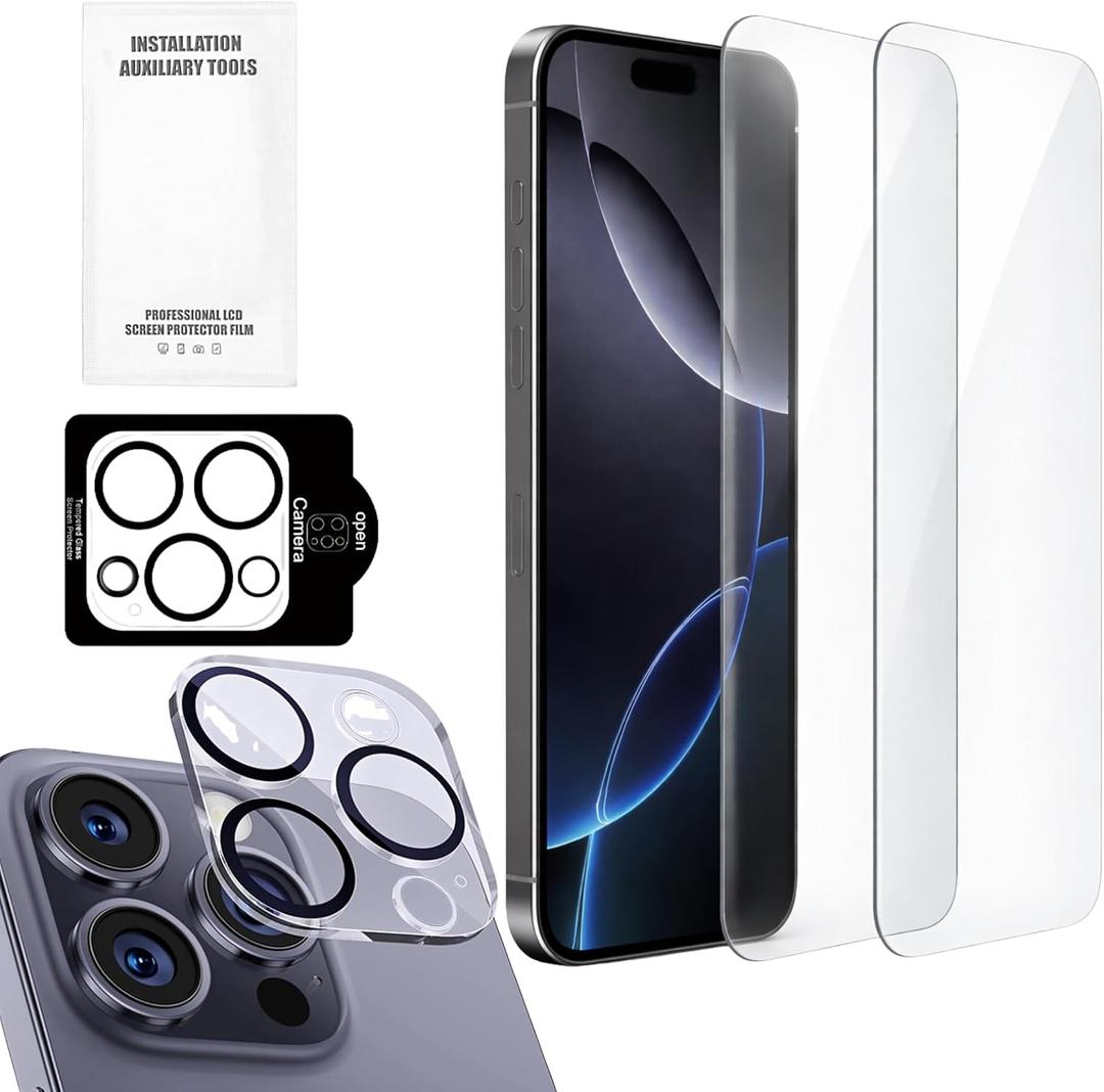High-Strength 9H Tempered Glass Screen Protector & Camera Lens Protector for iPhone 16 Pro Max with Easy Installation Tray & Tools, Clear HD Glass Protector for iPhone, Anti-Scratch & Anti-Fingerprint
