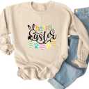 Ykomow Happy Easter Sweatshirt Women Long Sleeve Cute Bunny Rabbit Graphic Tees Pullover (Medium, Cream-3)