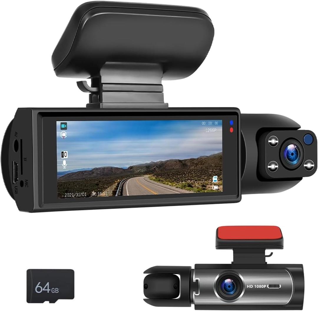 Dual Dash Cam for Cars Front and Inside 3.16 inch IPS Screen 1080P HD DVR Dash Camera for Cars 64GB Card Driving Recorder 2 Split Screens G-Sensor Wide Angle Automatic Loop Recording Night Vision
