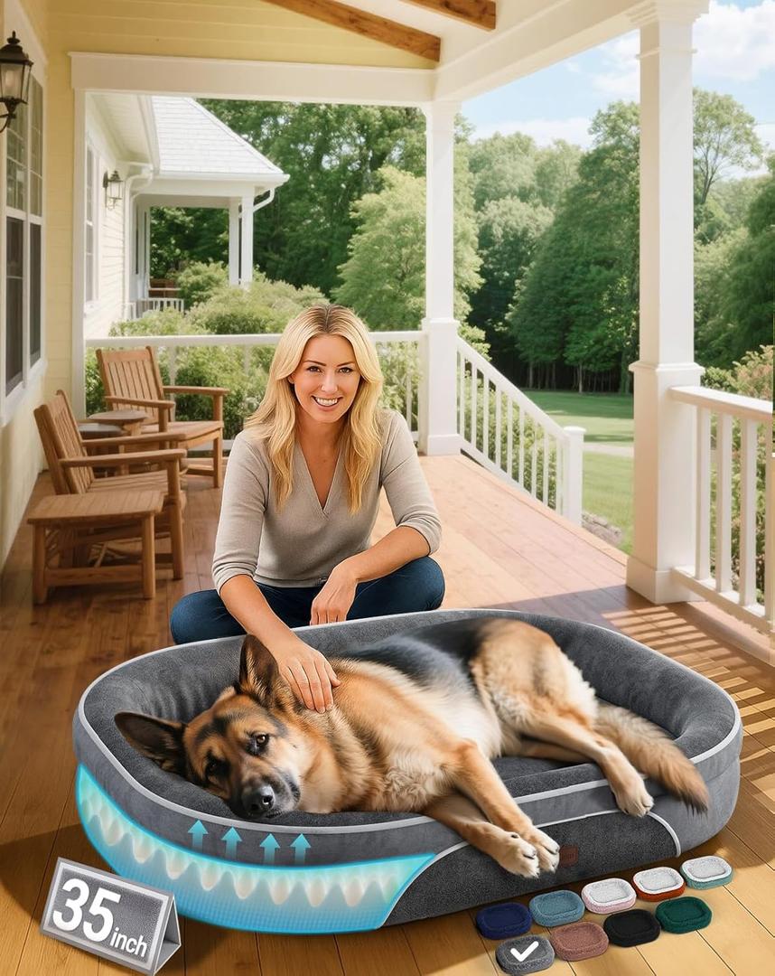 OhGeni Orthopedic Dog Couch Large Sized Pet Beds for Fathers Gifts with Comfort Foam Support, Soft Indestructible Fabric, Machine Washable Waterproof Removable Cover, 35-Inch (Gray)