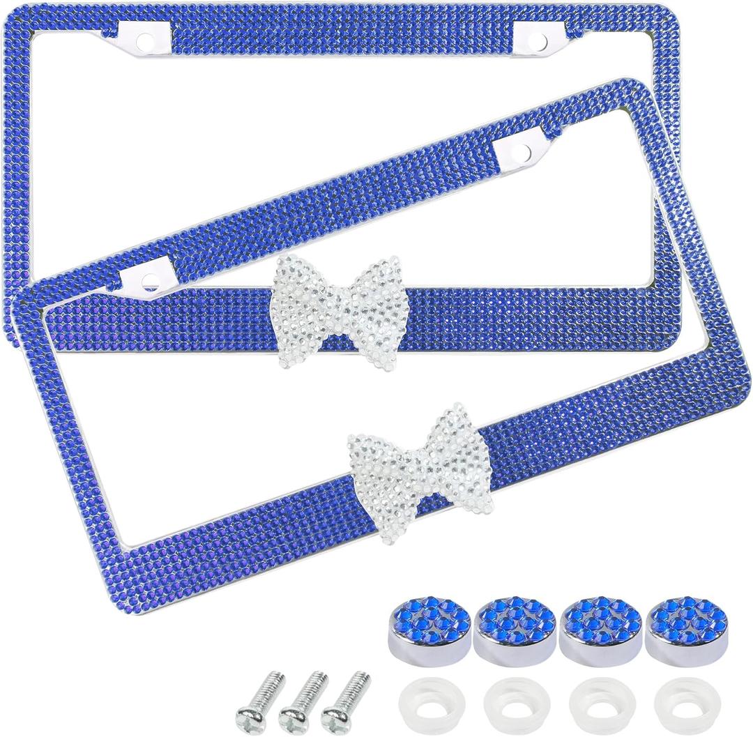 Car Rhinestone License Plate Frame,Bling License Plate Frame,Cute Girly Car Accessories,Shiny Rhinestones Premium Licenses Plates Holder with Mounting Bolts,Fits Cars,SUVs (Dark Blue&White) (2pcs)