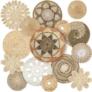 Xuhal 15 Pcs Boho Wall Basket Decor Handcrafted Seagrass Woven Wall Basket Rustic Round Woven Hanging Art for Home Farmhouse Kitchen Table Living Room(Classic Style)