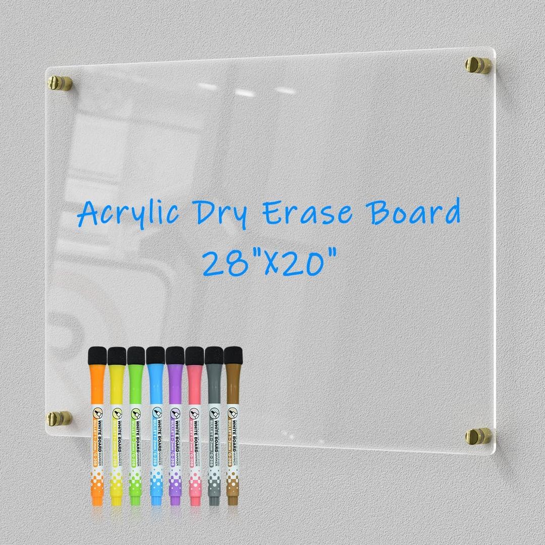 Transparent Acrylic Dry Erase Board | 28x20 Versatile Writing Panel | Includes 8 Bright Markers, Eraser, Colorful Mounting Screws & Easy Install Kit | Ideal for Home, Office, Classroom (Large (28x20"))