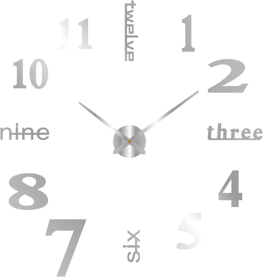 DIY Wall Clock Silent Frameless 3D Wall Clocks Battery Operated 23.6 to 35.4 Inch Silver Acrylic Modern Wall Clocks for Living Room Kitchen Bedroom Office (L)