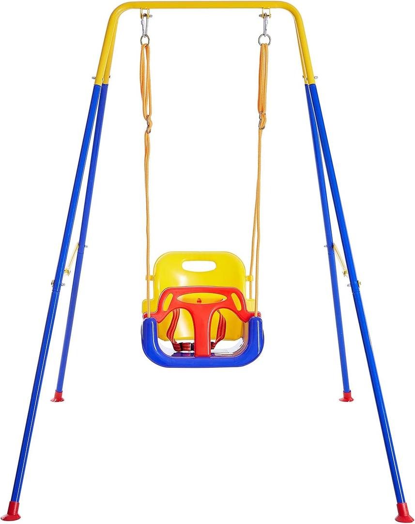 FUNLIO Toddler Swing with Foldable Metal Stand for Toddlers Aged 1~10 Years, 3-in-1 Baby Swing Set with 4 Sandbags for Backyard/Indoor/Outdoor Play, Easy to Assemble & Store, 
62"D x 47"W x 61"H