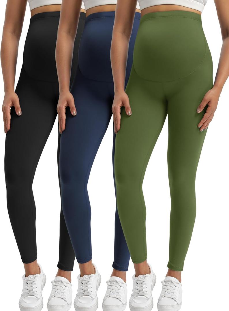 Buttergene Women's Maternity Leggings over the Belly Pregnancy Active Wear Workout Yoga Tights Pants (Large, 2-3pack Black/Navy/Olive)
