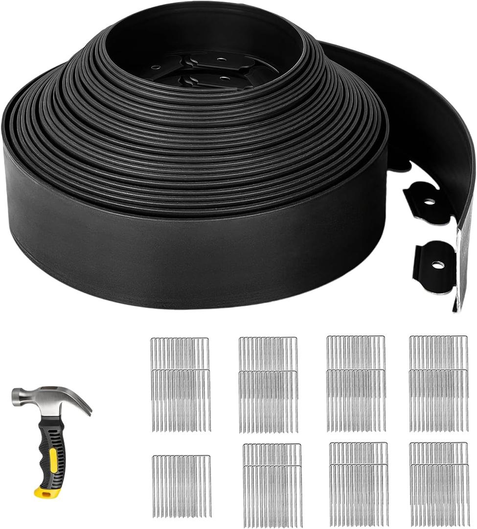 SPECILITE Landscape Edging 4 in x 100 FT, Flexible No-Dig Garden Border with 150 Galvanized Steel Stakes & Hammer, Landscaping Edging Kit for Garden Flower Beds, Yard, Lawn, Pathways, Black