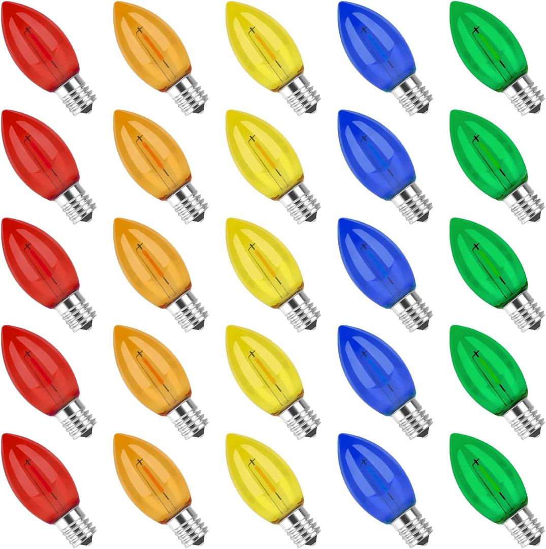 C9 Led Replacement Bulbs for Christmas String Light, Colored Light Bulbs Shatterproof for Outdoor Indoor Holiday Decoration, E17 Screw Base, Multicolor 25 Pack