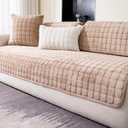 Velvet Couch Cover, Washable Sectional Sofa Cover, Anti Slip Sofa Slipcovers for 3 Cushion Couch Sofa L Shaped Recliner, Furniture Protector Covers for Pets Kids(Khaki, Only 1 PCS)