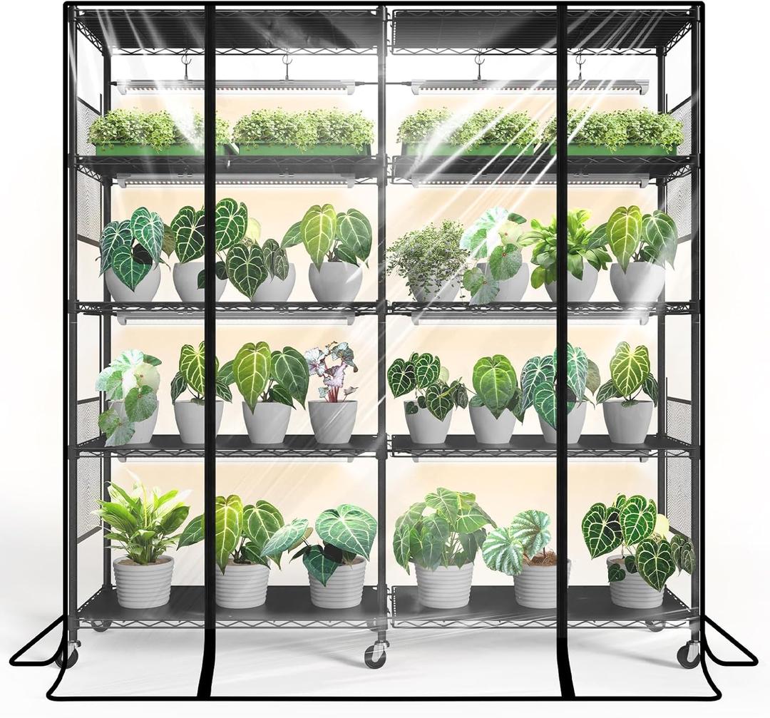 Bstrip Indoor Greenhouse with Grow Light, Large Plant Shelf with 8 Pack T8 Full Spectrum Plant Lights and Cover, mini Greenhouse for Indoor Plant, Seed Starting (58" L x 13.8" W x 59" H)