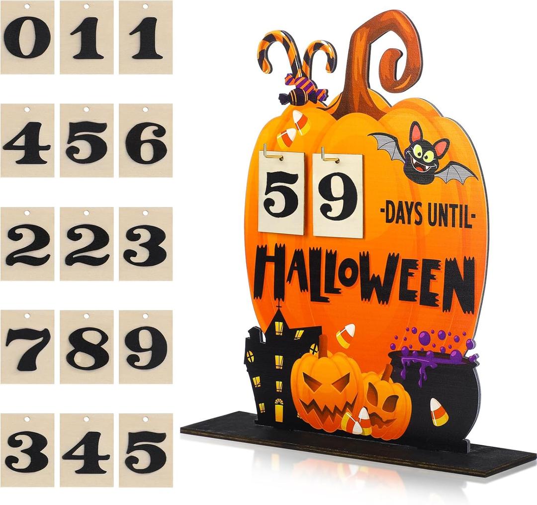 Thinkday Halloween Advent Calendar Halloween Wooden Countdown Calendar Wooden Desk Blocks Calendar to Halloween for Kids Home Classroom Handmade Table Decorations Halloween Gifts (Pumpkin)