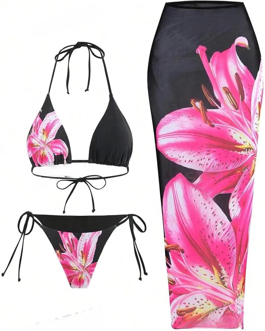 ZAFUL Womens 3pcs Swimsuit Floral Halter Triangle Bikini Top Tie Side Bottom with Long Sheer Cover Up Skirt, L