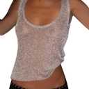 Women Sexy Fishnet Knit Glittering Scoop Neck Crop Tank Going Out Top Sheer Mesh Solid Slim Cropped Vest Cami Tops, Large
