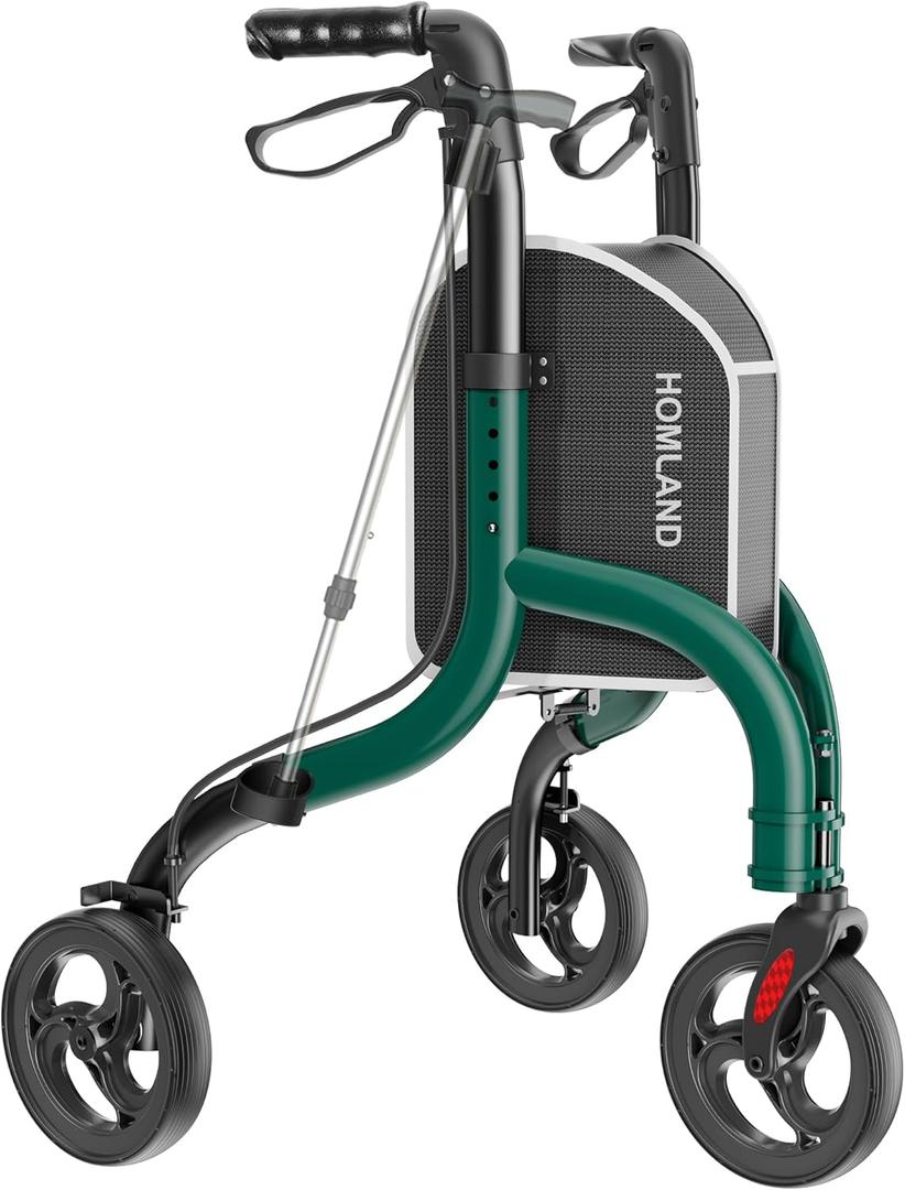 3 Wheel Walkers for Seniors, Foldable Wheeled Rollator with Cane Hold and Cup Hold, Lightweight Three Wheel Rolling Walker Height Adjustable for Seniors (Green)