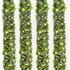 4Pcs Eucalyptus Garland with Lights, Greenery Garland, Green Garland with Flowers, 5.9FT Artificial Faux Eucalyptus Leaves Vines for Table Mantle Home Wedding Party Indoor Outdoor Decor