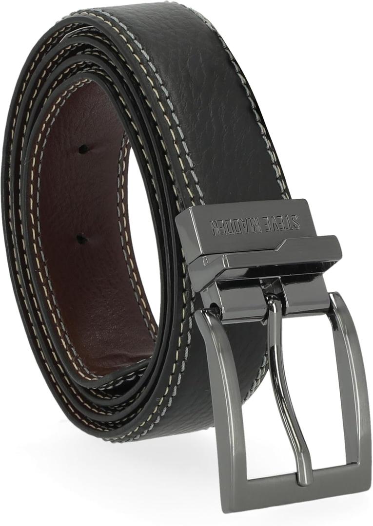 Steve Madden Men's Reversible Men's Dress Casual Every Day Leather Belt (38, Black/Brown (Double Stitch))