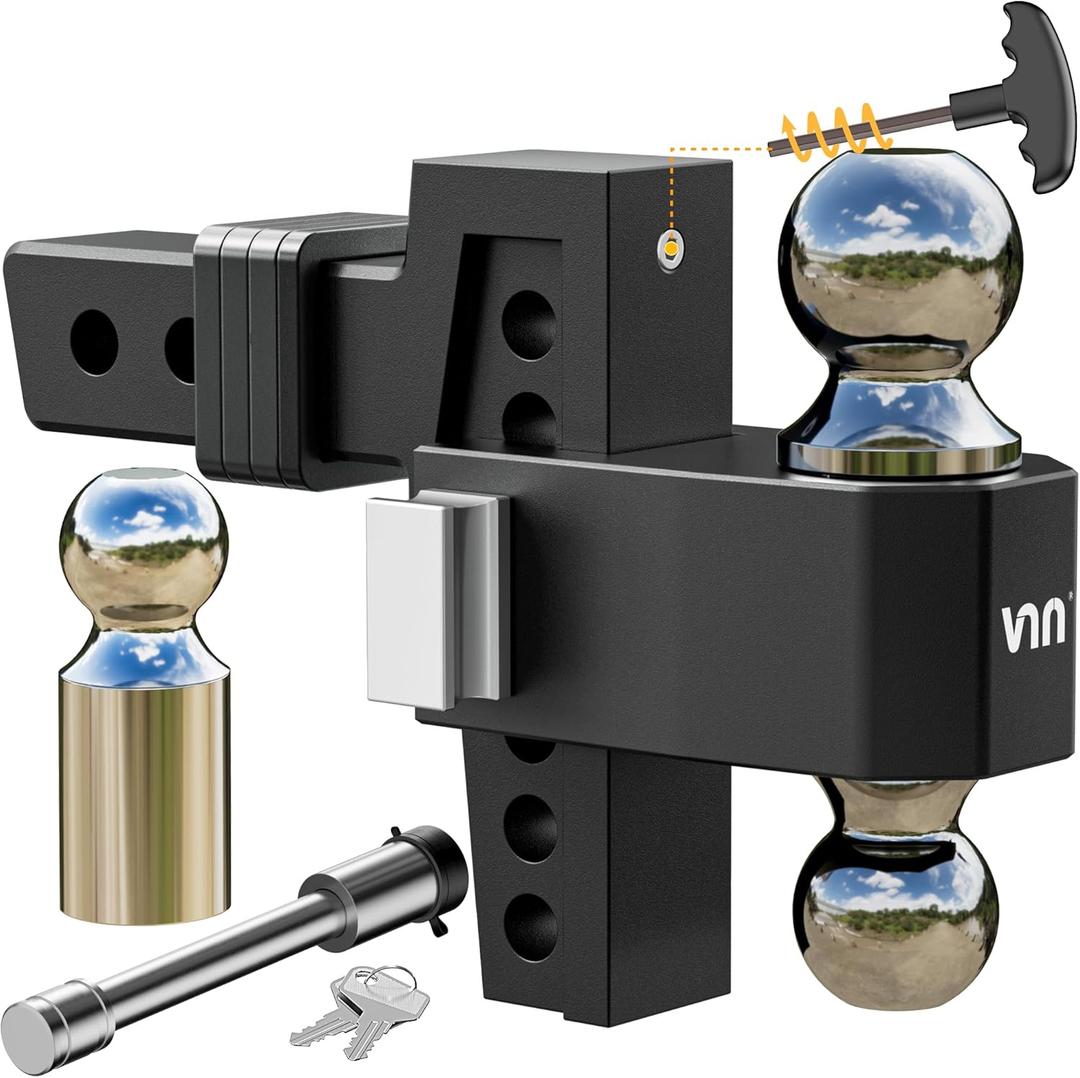VNN Adjustable Drop Hitch - 6 Inch Drop 2 Inch Receiver Interchangeable 3 Solid Ball Mount 1-7/8", 2", 2-5/16"(15,000 LBS GTW), Heavy Duty Aluminum Trailer Hitch with Pads and Locking Sets, Black