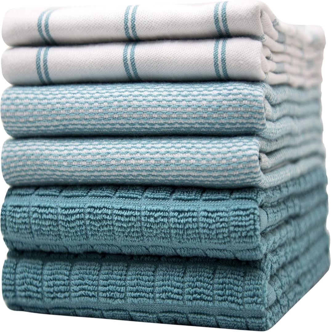 Premium Kitchen Towels (20x 28, 6 Pack) | Large Cotton Dish Towels | Flat & Terry Highly Absorbent Kitchen Linen Set with Hanging Loop | Teal Check