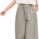 Yeokou Women's Wide Leg Pants Drawstring Striped Cotton Mid Rise Casual Long Palazzo Trousers with Pockets (Beige, L)