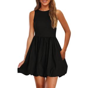 PRETTYGARDEN Summer Dresses for Women 2026 Casual Mini Short Cocktail Dress Sleeveless Tank Crew Neck Bubble Sundress Pockets (Large, Black)