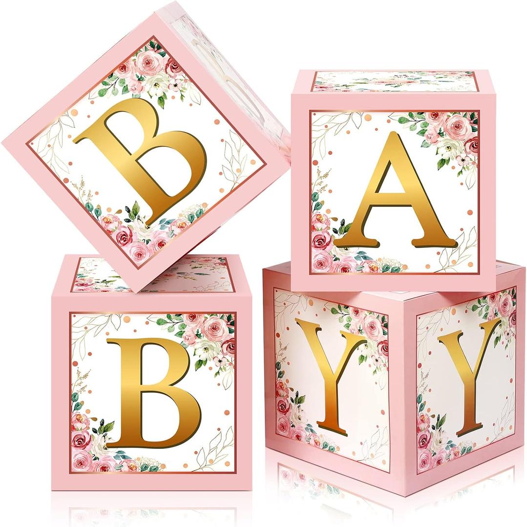 Sabary Baby Boxes with Letters Rustic Floral Pink Baby Shower Backdrop Blocks Box Birthday Party Gender Reveal Photo Props for Girl Boy Shower Decorations(Sweet Baby)