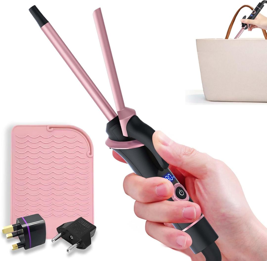 Ukliss Mini Curling Iron for Short Hair Dual Voltage Ceramic Travel Small Curling Iron 3/8 Inch Barrel Curler Portable with 30S Fast Heating, 5 Temps for Global (3/8 Black with EU/UK Plug Adapter)