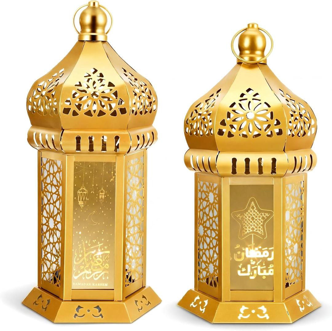 Honoson Eid Ramadan Lantern Large Temple Moroccan Lantern Lamp Ramadan Decorations for Home Hanging Outdoor Patio or Indoor Home Decor with LED String Lights(Gold,Themed)