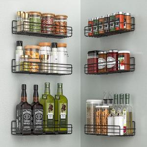 Moforoco Spice Rack Organizer Wall Mount (6 Pack), Hanging Black Spice Pantry Organization Storage Shelf, Farmhouse Seasoning Organizer, Flexible Wall Shelves, Kitchen Essentials Home Decor