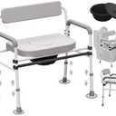 Adjustable Medical Bedside Commode Chair with Padded Backrest, Drop Arm Support Gray