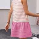 Wenrine Womens Striped Sweatshirt Dress Casual Sleeveless Crewneck Constrast Patchwork Loose Tank Mini Dresses (Pink, S)