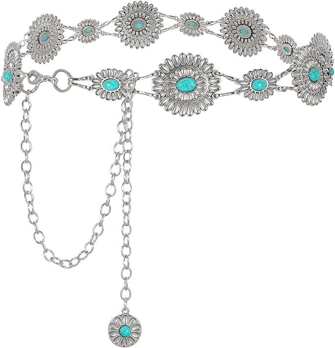 WHIPPY Women Concho Chain Belt Metal Link Western Cowgirl Turquoise Chain Belt for Dress Silver Chain-green Turquoise WHIPPY Women Concho Chain Belt Metal Link Western Cowgirl Turquoise Chain Belt for Dress Silver Chain-green Turquoise