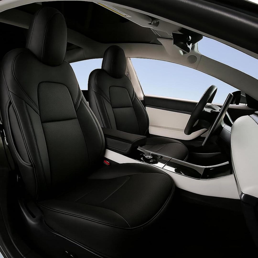 NLQR Front & Rear Full Seat Cover Set PU Leather Perforated Protector Cushion Black Compatible with Tesla Model 3 2017 2018 2019 2020 2021 2022 2023