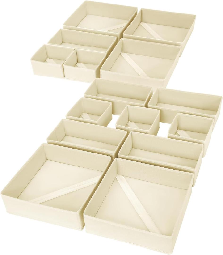 DIMJ Drawer Organizer Clothes, Pack of 15 Dresser Organizer, Foldable Closet Organizers and Storage, Fabric Dresser Bins, Drawer Dividers for Nursery, Baby Clothes, Underwears, Sock (Beige)