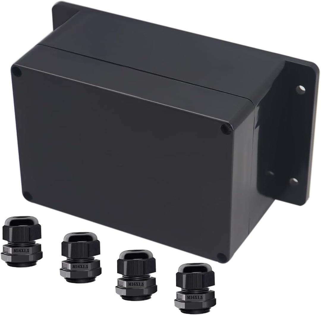 Project Box ABS Black Electrical Boxes IP65 Outdoor Waterproof Box Electronic Junction Box Fixed Ear Power Enclosure with Cable Glands for DIY Project 6.3 x 4.33 x 3.54 inch (160x110x90mm)