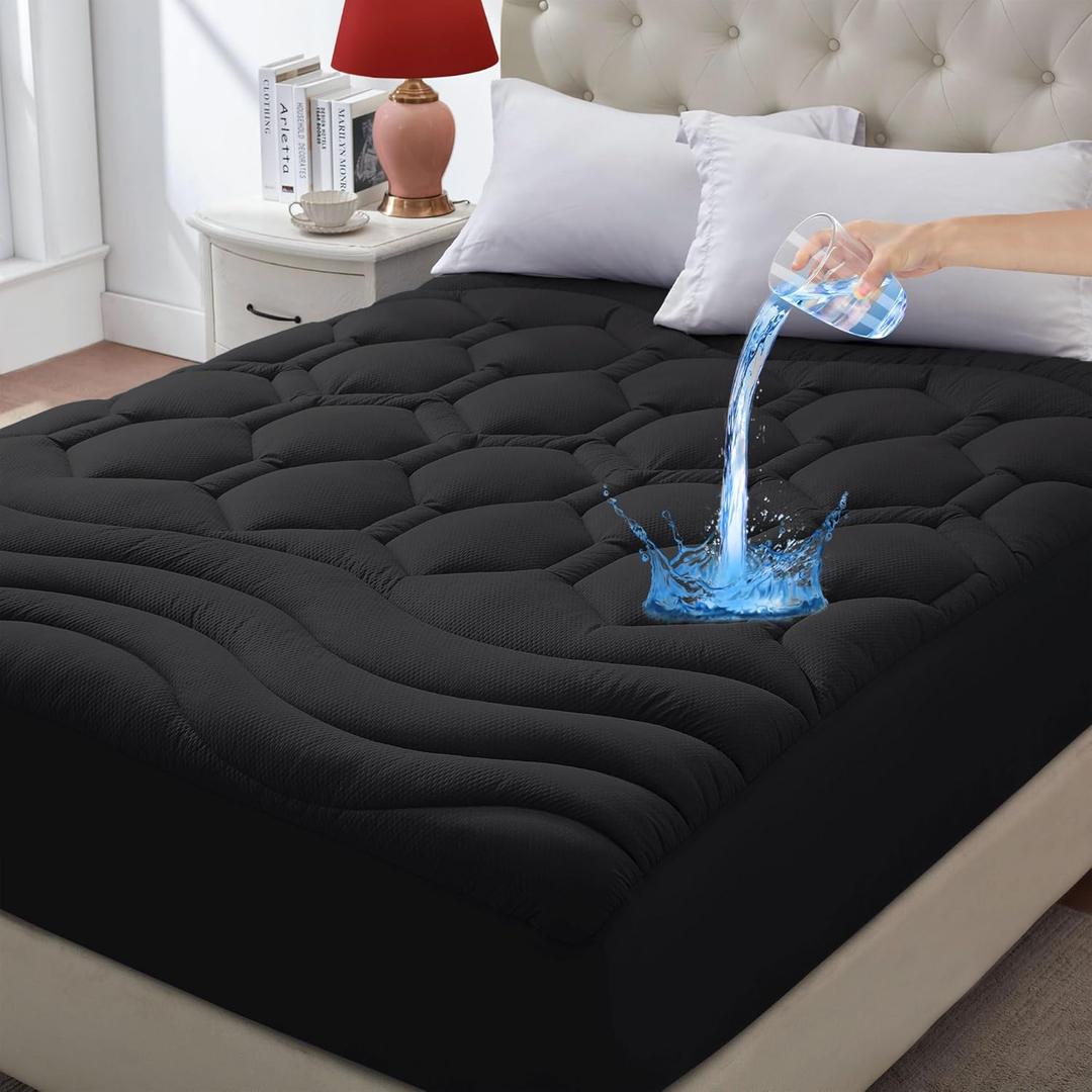 ELVEN HOME King Size Mattress Pad Waterproof, Cooling Mattress Topper Noiseless, Leak Proof Mattress Protector Deep Pocket Washable, Quilted Fitted Soft King Mattress Pad Cover (78x80 inch, Black)