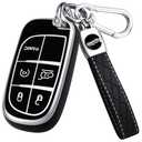 Key Fob Cover for Jeep - Premium Soft TPU Shell Full Protection Case with Keychain, Fits Grand Cherokee Compass Renegade Chrysler Dodge RAM Durango Challenger Journey Dart Fiat, Black-Silver, 5-Button