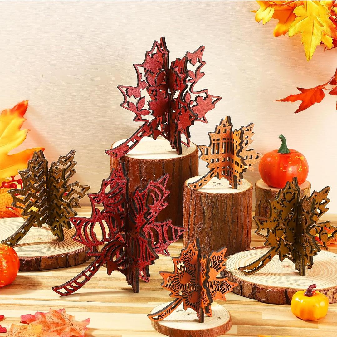 Soaoo 12 Pcs Thanksgiving Wooden Table Signs Maple Leaf Wood Table Decoration Thanksgiving Tiered Tray Decoration Centerpieces Harvest Block Sign Farmhouse Decorations for Home Party