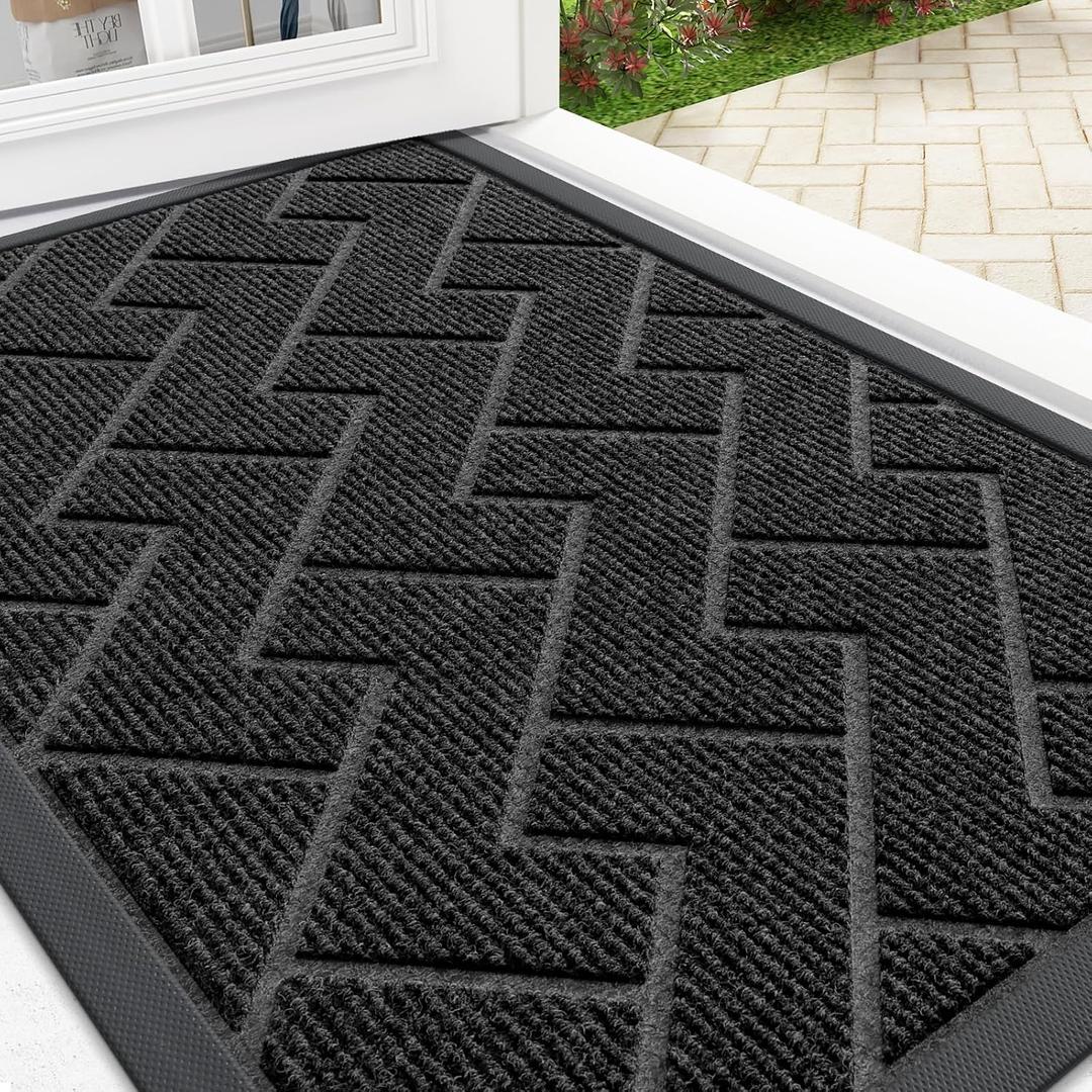 OLANLY Front Door Mat Outside 29.5x17, All-Season Heavy-Duty Rubber DoormatBlack, Absorbent, Stain and Fade Resistant, Waterproof Non-Slip Backing, Low-Profile Indoor Outdoor Floor Mat for Entryway
